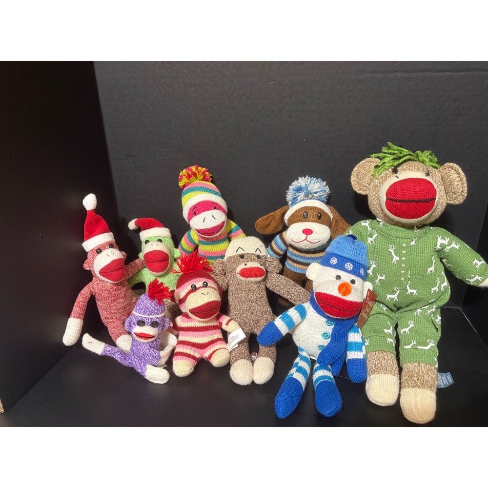 Lot of 9 Mixed Sock Monkey Plush Toys Christmas Holiday Snowman Reindeer PJs